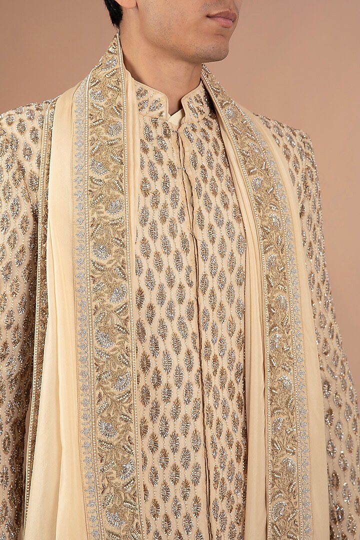 Beige Raw Silk Hand Embroidered Groom Sherwani Set by Aditya Sachdeva Men at Pernia's Pop Up Shop